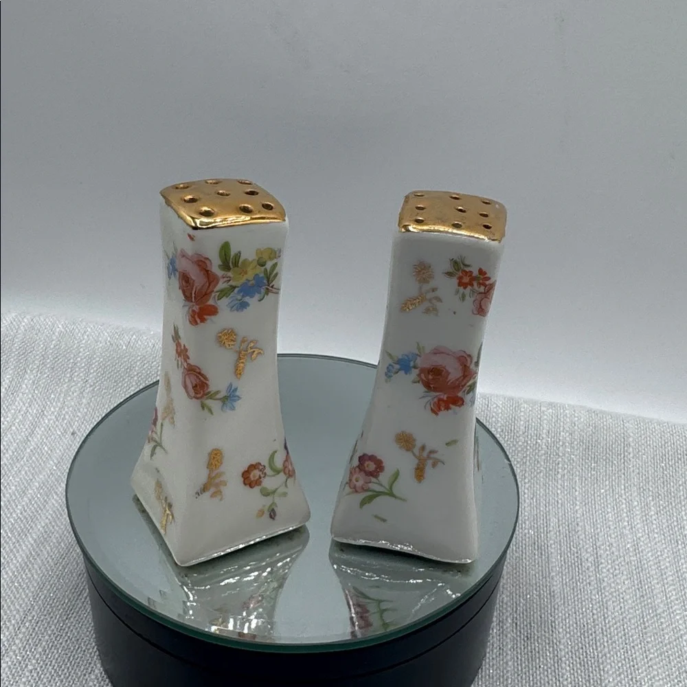 Salt and Pepper Shakers Vintage White And Floral Limoges Style Gold Tip.